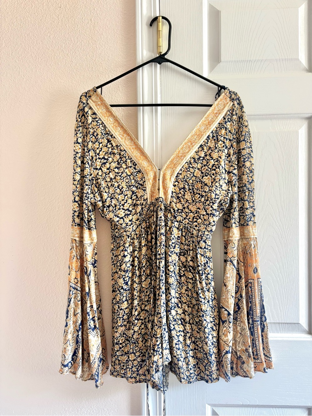 Free People Women Romper Navy Floral Once Upon A Summertime Bell Sleeve XS